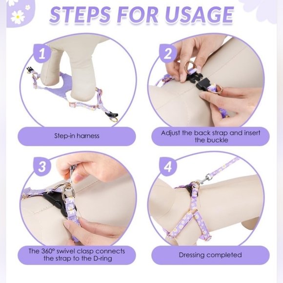 SlowTon No Pull Purple Floral Dog Harness & Leash Set Size XXS (2-2.6 lbs) EUC - Picture 5 of 13